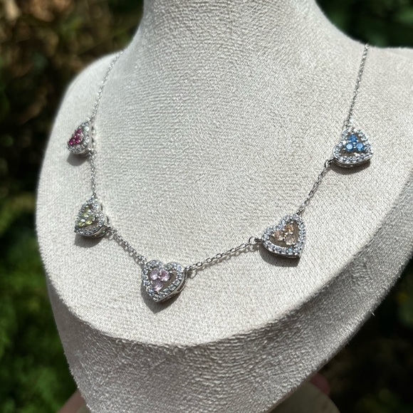 18K White Gold Plated Stainless Steel Multi Color Diamond Heart Necklace - Picture 5 of 7